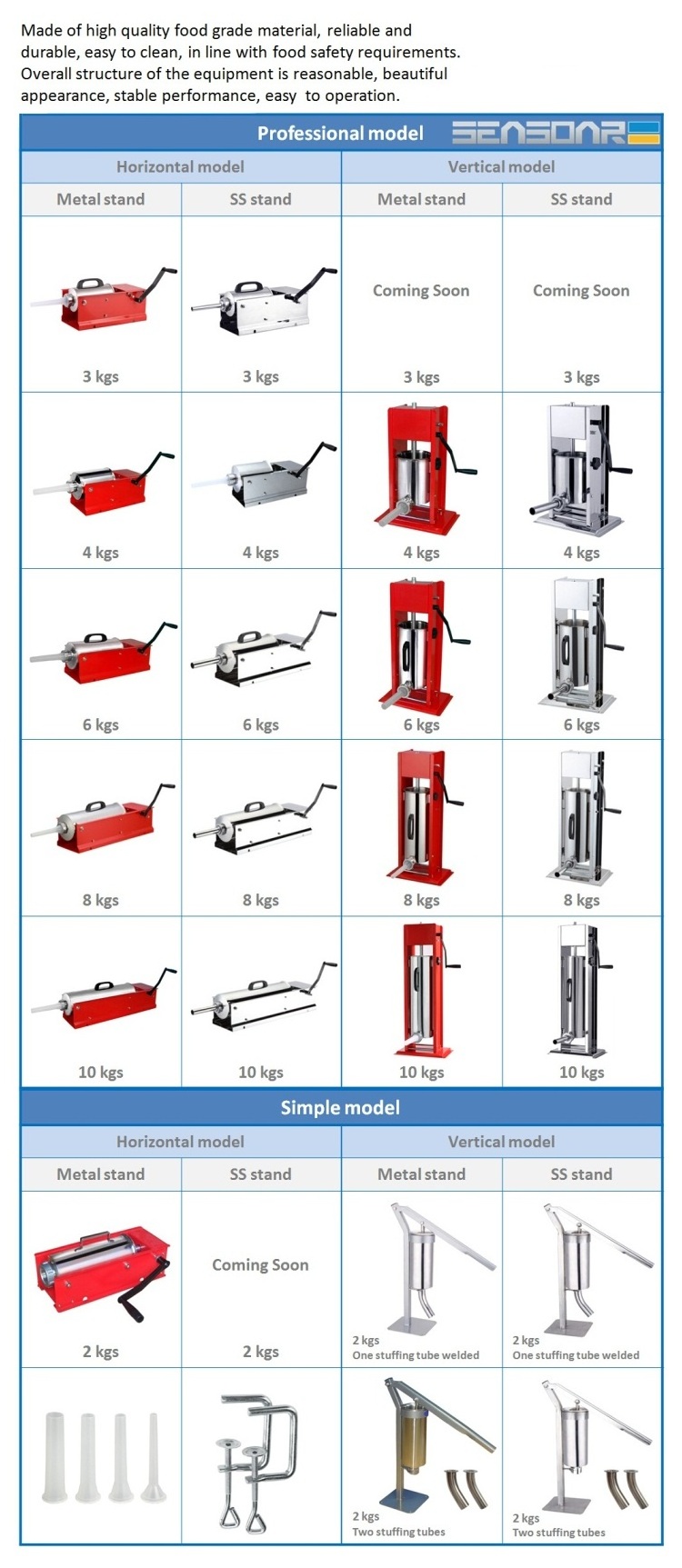 home manual stainless steel sausage stuffer with two gear speed and SS stand