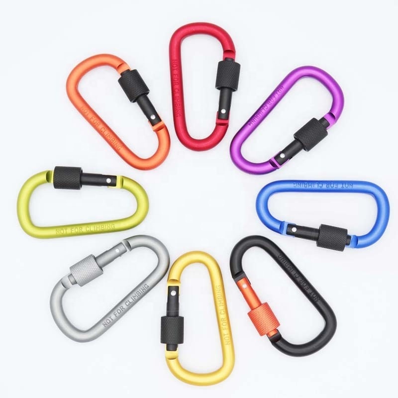 D-shaped Carabiner with lock Outdoor water bottle hook Carabiner Keychain Aluminium backpack buckle