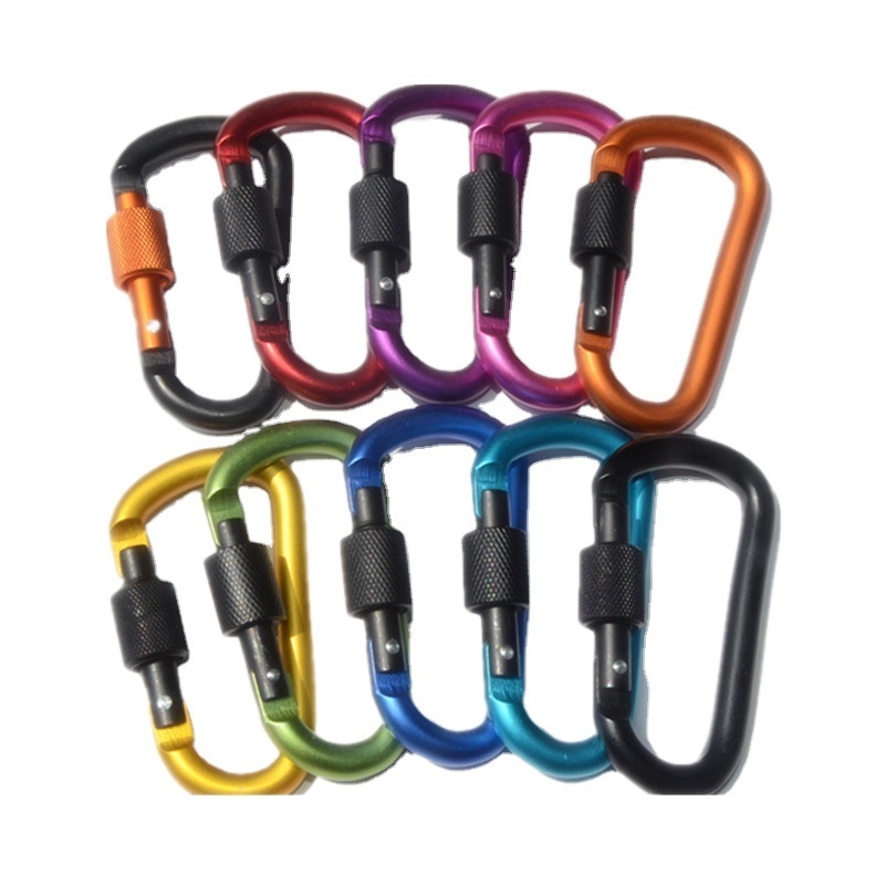 D-shaped Carabiner with lock Outdoor water bottle hook Carabiner Keychain Aluminium backpack buckle