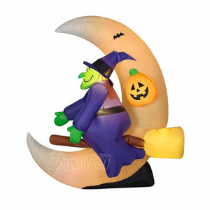 Halloween Inflatable Witch on Broom with Crescent Moon for Outdoor Yard Decorations