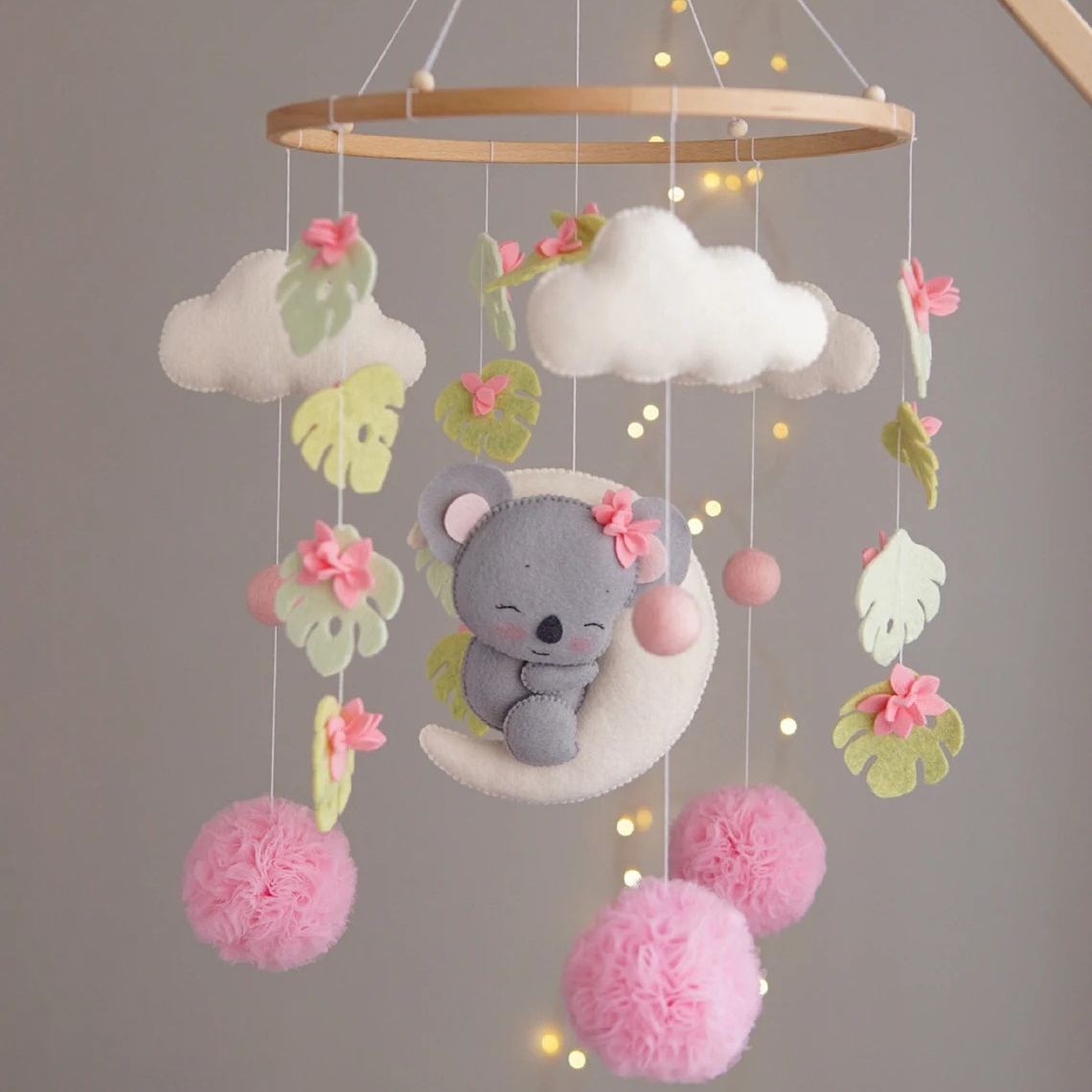 new nursery decor personalized wooden round frame eucalyptus koala australian animals pink felt crib baby mobile