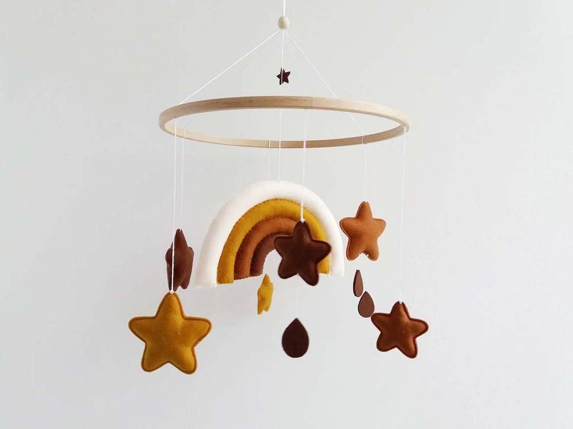 tiny love unique gender neutral bed nursery decor hanging musical felt gold star girl rainbow baby crib mobile