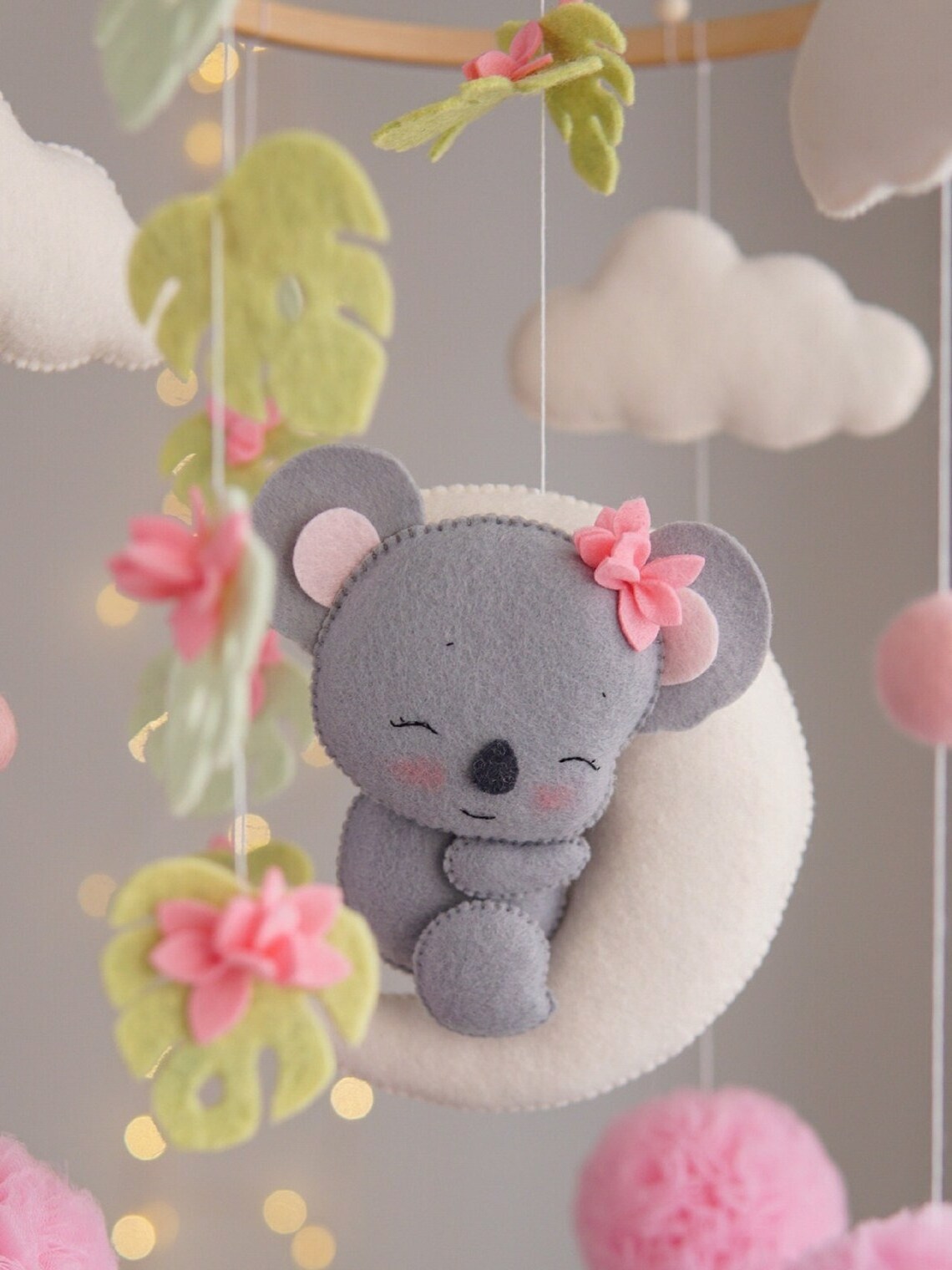 new nursery decor personalized wooden round frame eucalyptus koala australian animals pink felt crib baby mobile