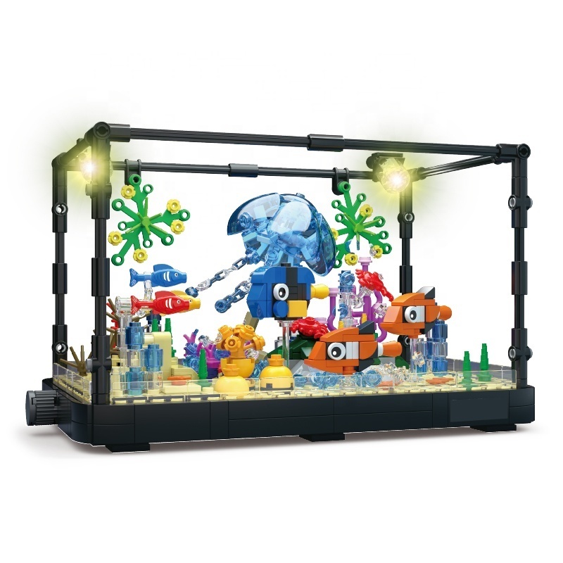 Aquarium Building Block Sets Lighting Fish Tank Kit Ocean Jellyfish Dolphin Turtle Crab Animal MOC Creative Toys For Kids Adults