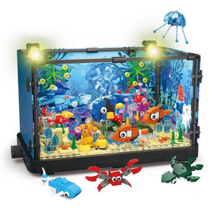 Aquarium Building Block Sets Lighting Fish Tank Kit Ocean Jellyfish Dolphin Turtle Crab Animal MOC Creative Toys For Kids Adults