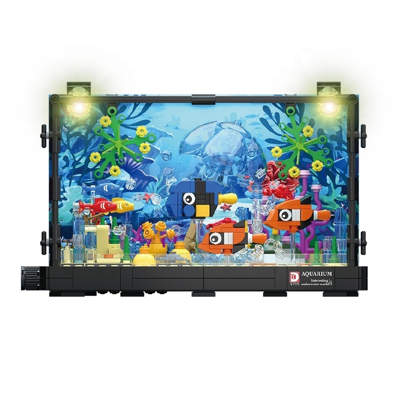 Aquarium Building Block Sets Lighting Fish Tank Kit Ocean Jellyfish Dolphin Turtle Crab Animal MOC Creative Toys For Kids Adults