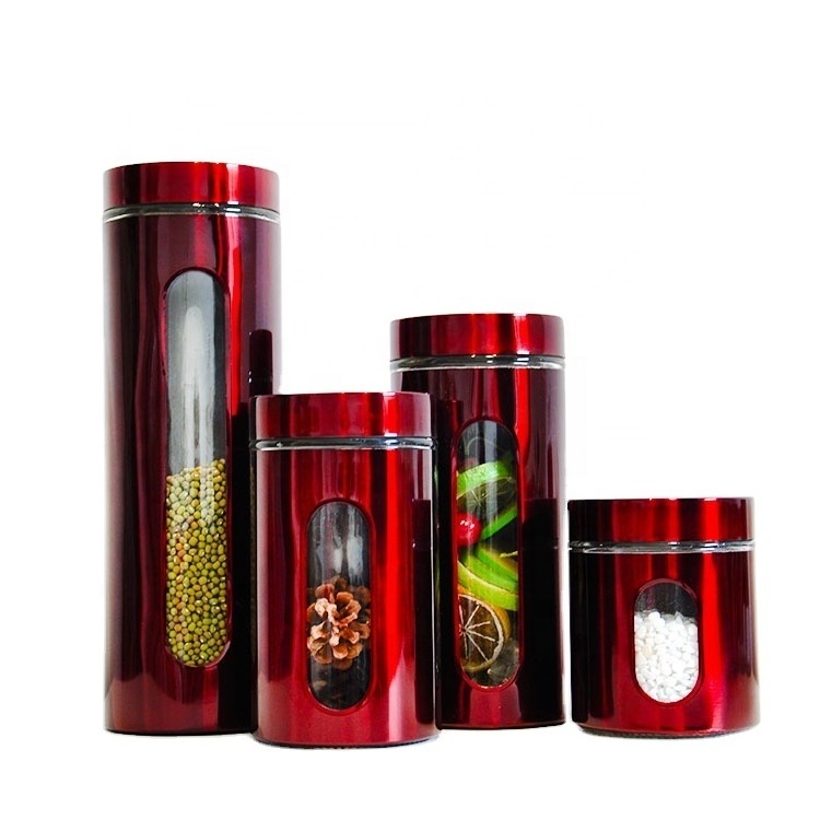 kitchen use tea sugar coffee pasta  wide mouth red wine color glass stainless steel window canister for food storage