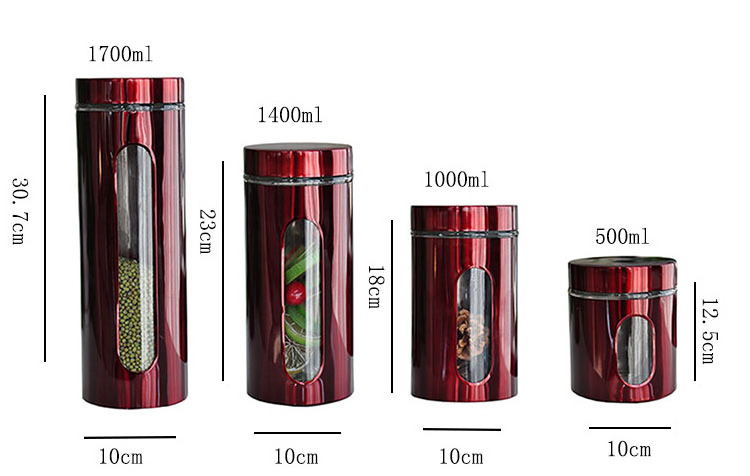 kitchen use tea sugar coffee pasta  wide mouth red wine color glass stainless steel window canister for food storage