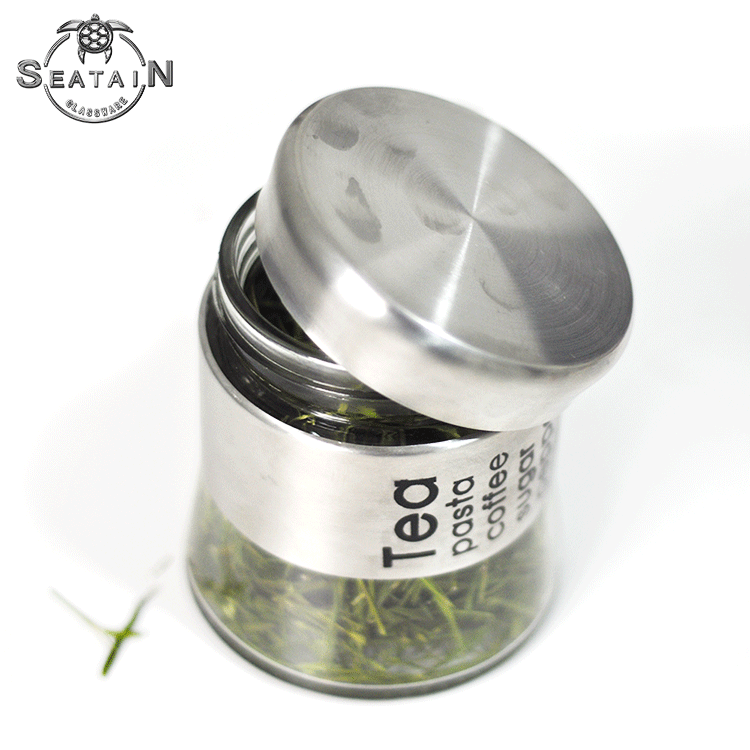 stainless steel coating glass food sugar tea coffee container storage jar with lid