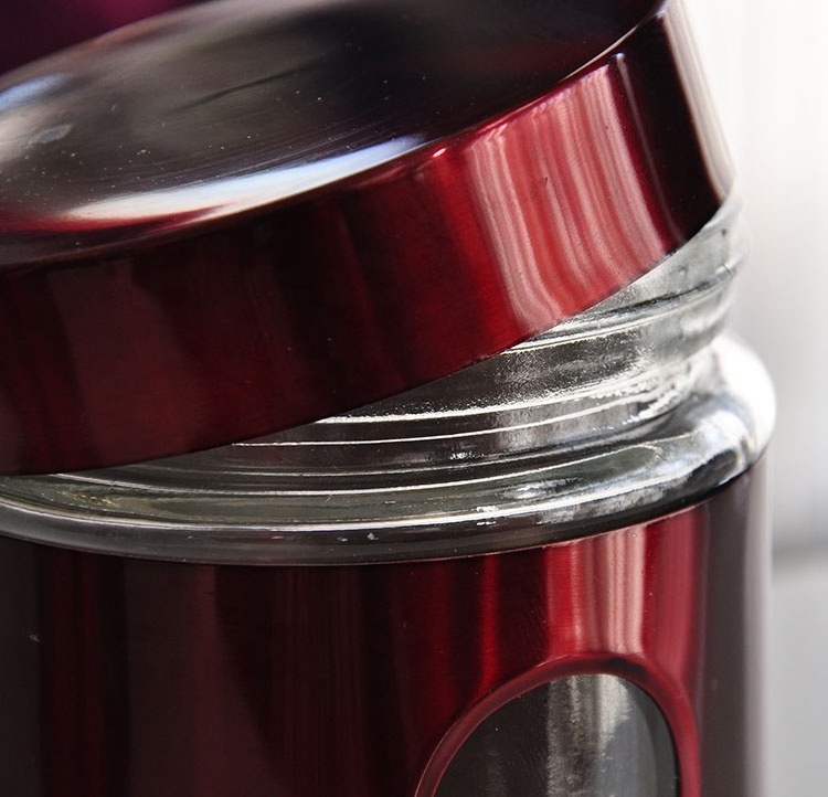 kitchen use tea sugar coffee pasta  wide mouth red wine color glass stainless steel window canister for food storage