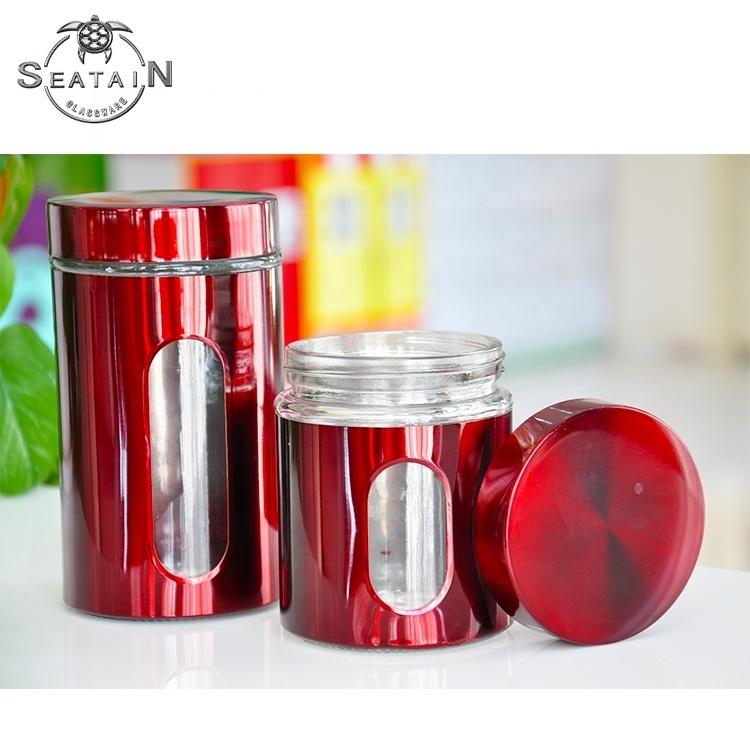 kitchen use tea sugar coffee pasta  wide mouth red wine color glass stainless steel window canister for food storage