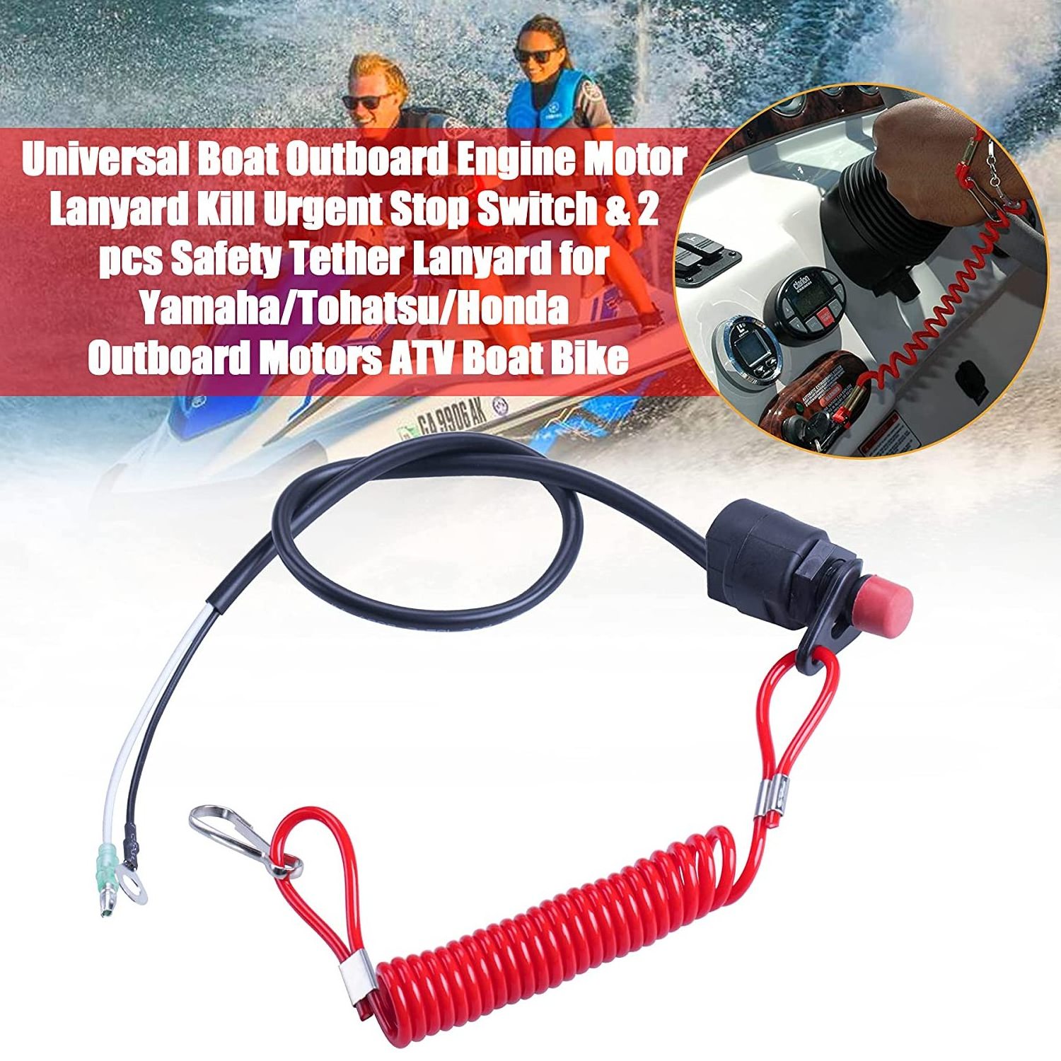 Universal Boat Outboard Lanyard Engine Motor Kill Urgent Stop Switch/Safety Lanyard Tether Cord 2 Pcs Compatible Yamaha Tohatsu