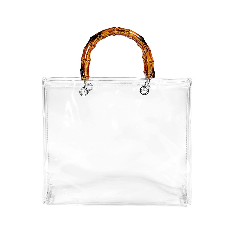 Shopping Woman Ladies Transparent Canvas Chain Handbags Tote Purse Beach Bag with bamboo handles