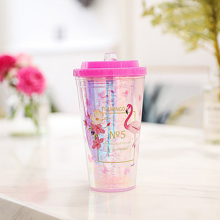 Seaygift 2021 most popular laser rainbow insulated double wall travel mug kids flamingo plastic drink water cup with straw