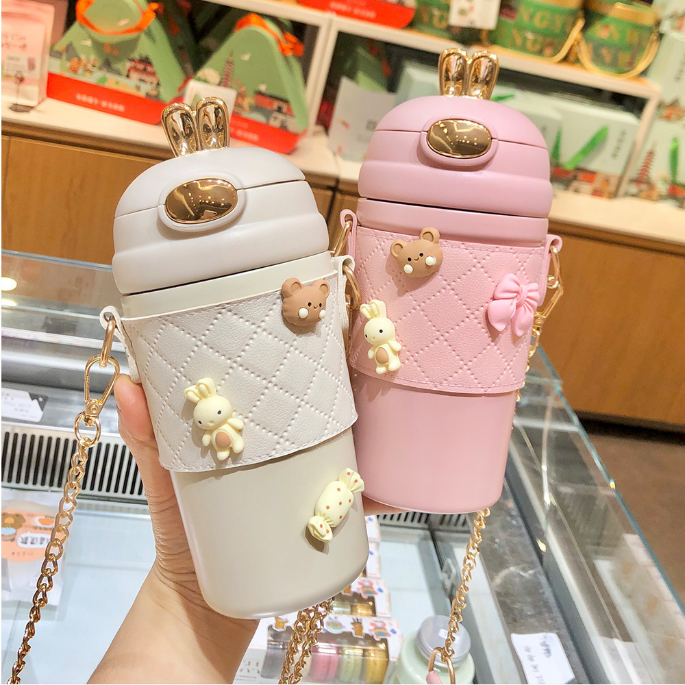 Seaygift New Bunny rabbit ear portable shoulder strap thermal insulated cups stainless steel vacuum flask thermos water bottle