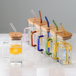 Seaygift Hot sale square shape glass drinking beer juice milk cup with colored handle bamboo lid and glass straw