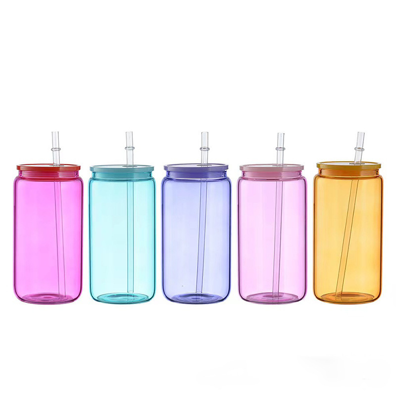 Seaygift Borosilicate blank sublimation colored jelly 16oz colored clear beer glass soda can with colorful plastic lids for iced