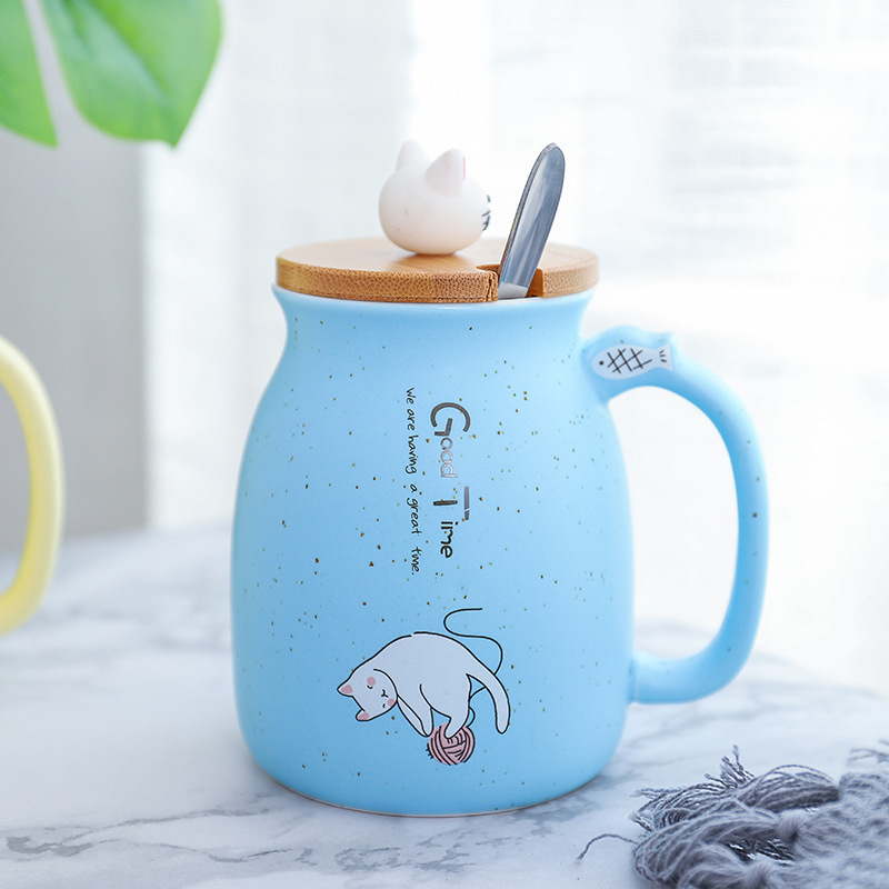 Seaygift Cute Cat 3D Ceramic Mugs Creative Milk Coffee Tea Cup Unique Porcelain Mugs with Lid and Spoon