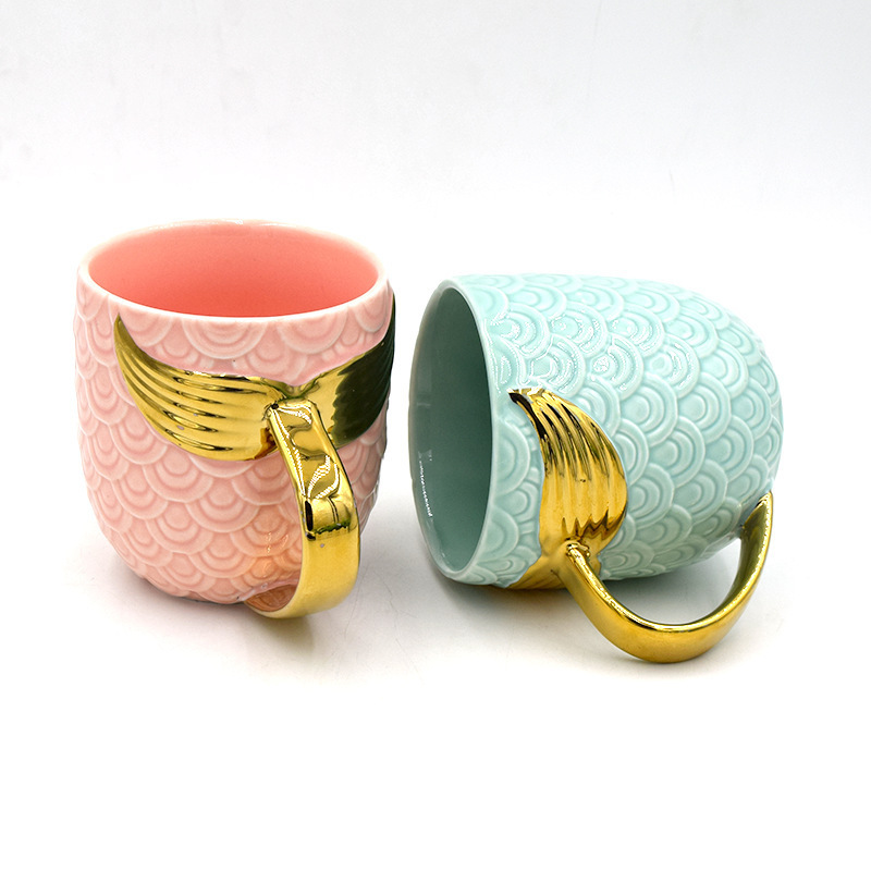 Seaygift Wedding Gifts Creative Tea Coffee Milk cup unique couple gold handle coffee mermaid ceramic mugs for promotion