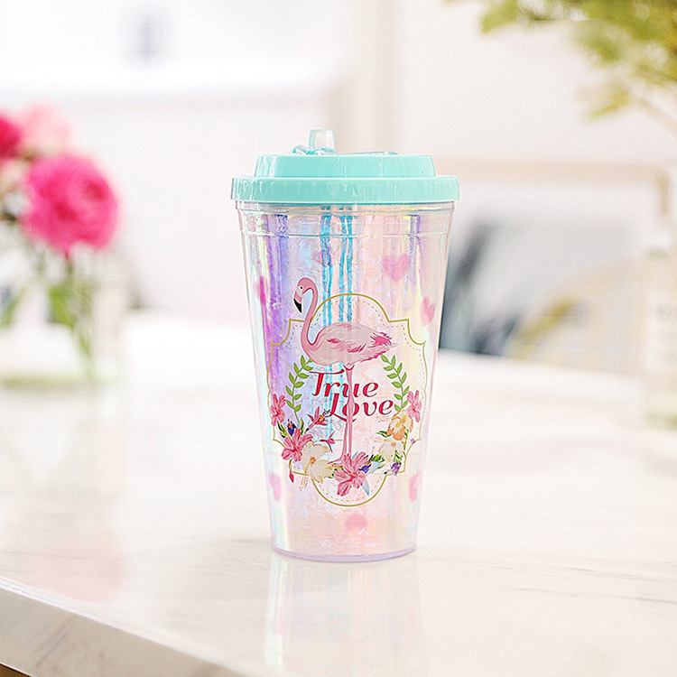 Seaygift 2021 most popular laser rainbow insulated double wall travel mug kids flamingo plastic drink water cup with straw