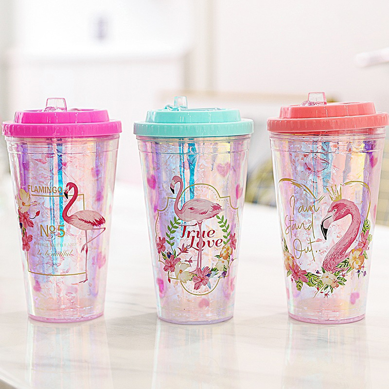 Seaygift 2021 most popular laser rainbow insulated double wall travel mug kids flamingo plastic drink water cup with straw