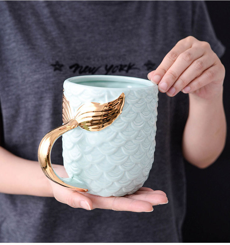 Seaygift Wedding Gifts Creative Tea Coffee Milk cup unique couple gold handle coffee mermaid ceramic mugs for promotion