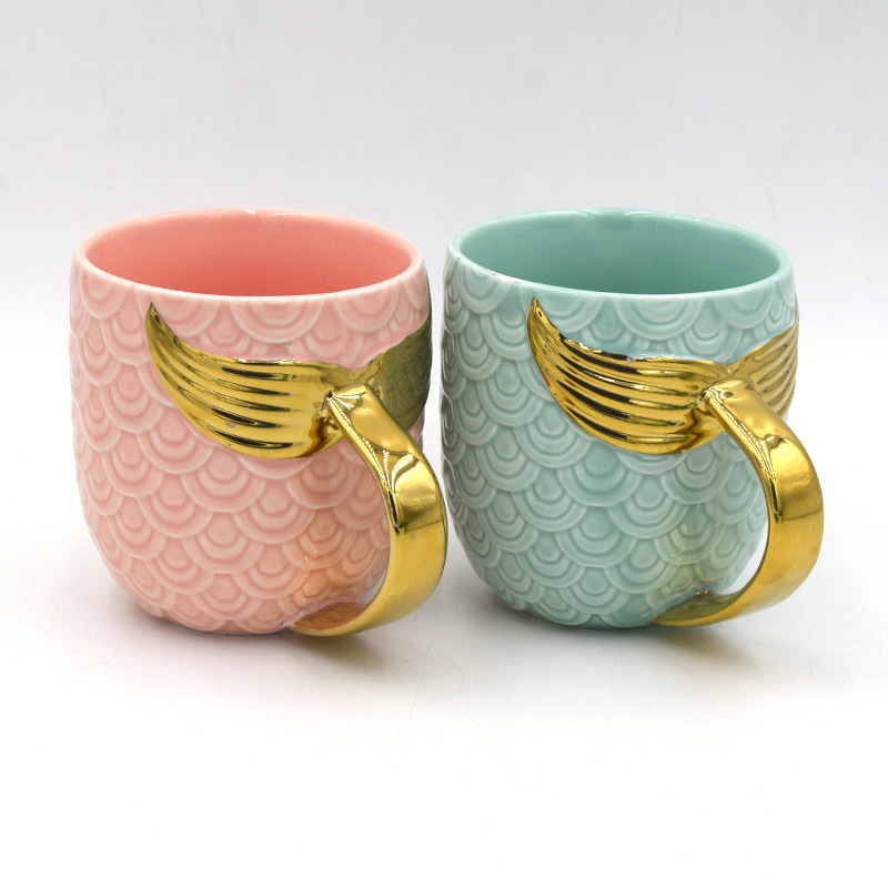 Seaygift Wedding Gifts Creative Tea Coffee Milk cup unique couple gold handle coffee mermaid ceramic mugs for promotion