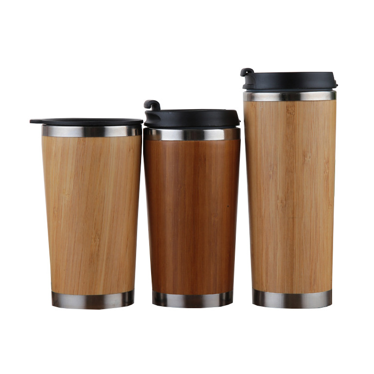 Seaygift Custom eco friendly 100% natural organic bamboo travel coffee cup 450ml wooden stainless steel tumbler mug