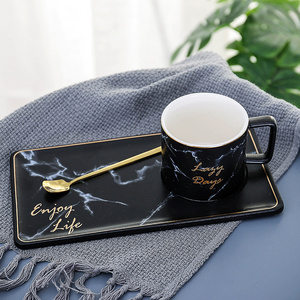 Seaygift Customized morden high quality black and white handmade porcelain marble desgin ceramic cup and saucer set with golden