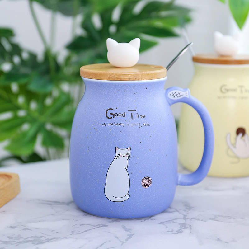 Seaygift Cute Cat 3D Ceramic Mugs Creative Milk Coffee Tea Cup Unique Porcelain Mugs with Lid and Spoon