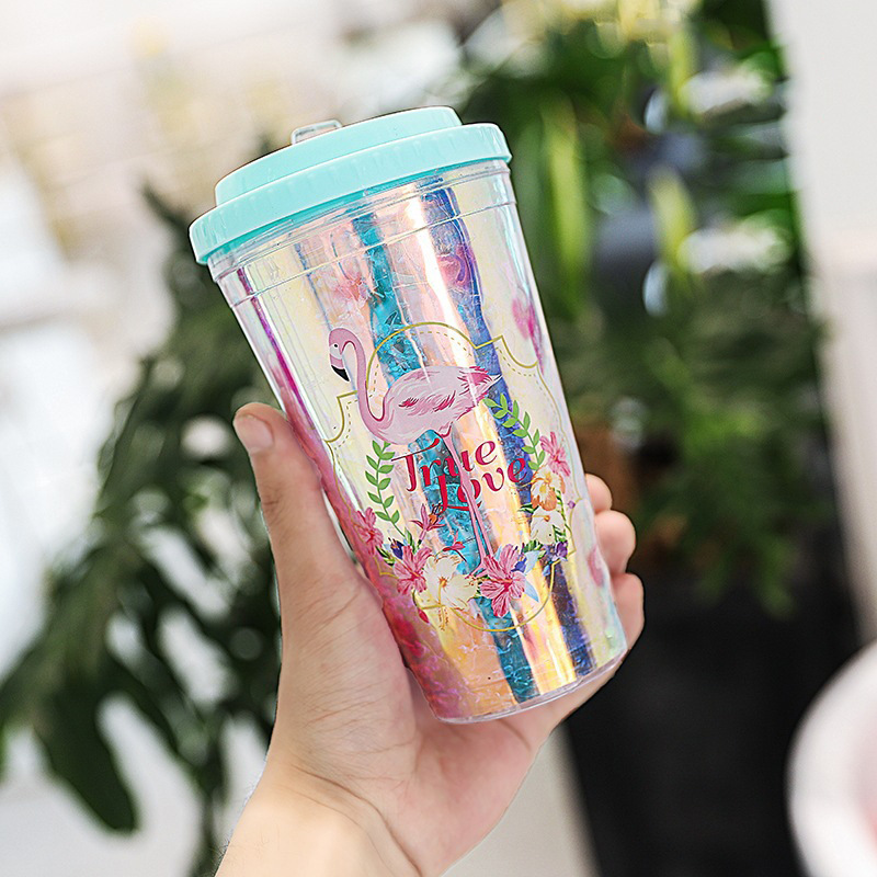 Seaygift 2021 most popular laser rainbow insulated double wall travel mug kids flamingo plastic drink water cup with straw