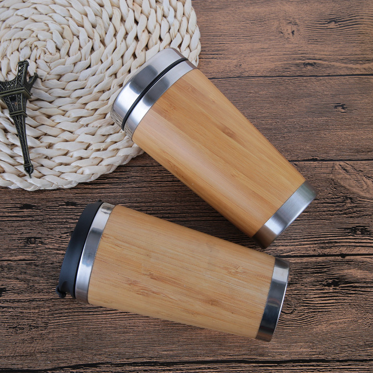 Seaygift Custom eco friendly 100% natural organic bamboo travel coffee cup 450ml wooden stainless steel tumbler mug