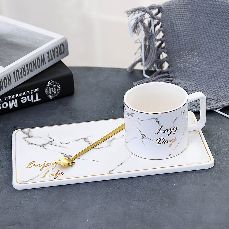 Seaygift Customized morden high quality black and white handmade porcelain marble desgin ceramic cup and saucer set with golden