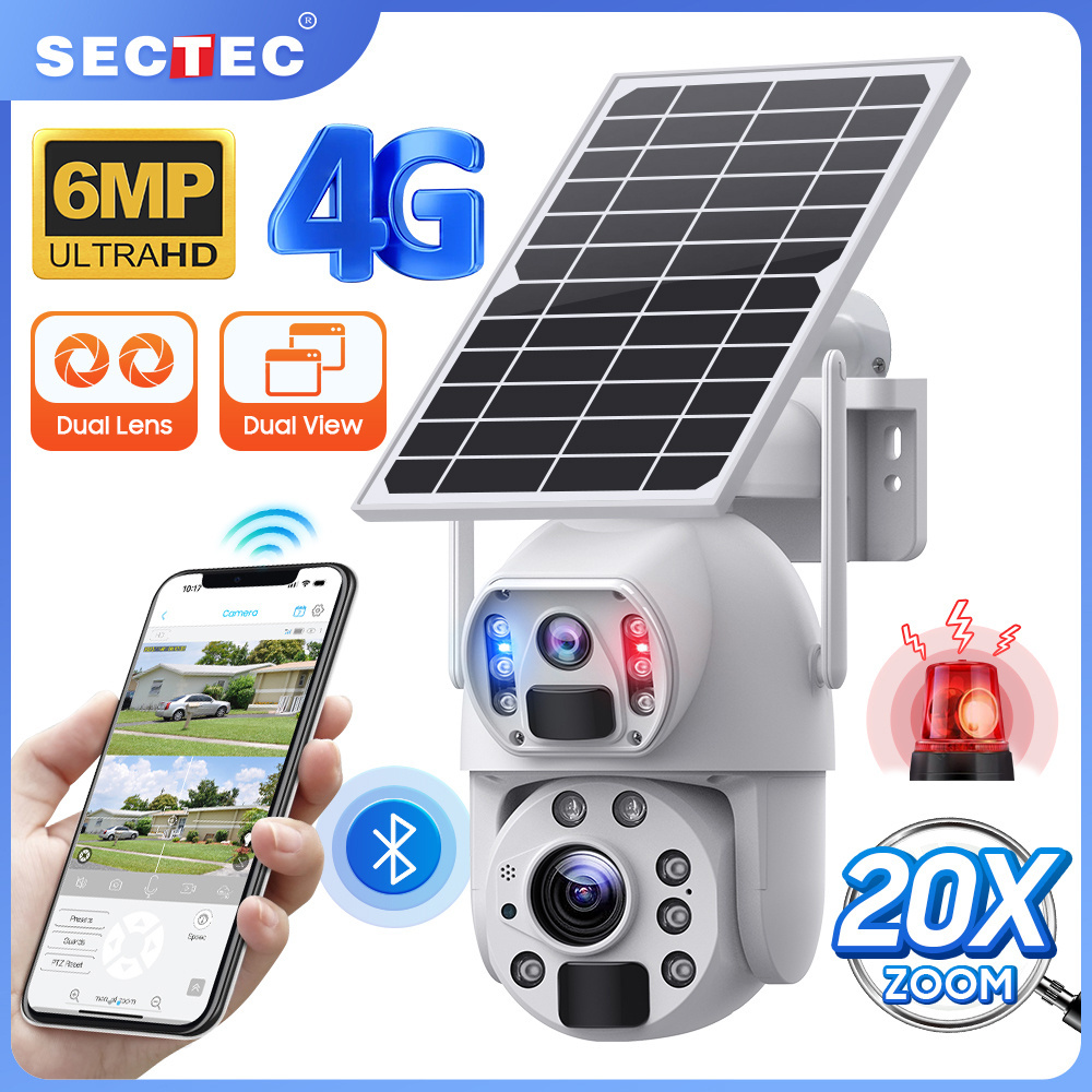 SECTEC New 20X Zoom 4G Camera IP66 Metal 10W Solar Panel 4G 6MP 20000mAh Dual Lens Laser Infrared Lamp 4G Solar Outdoor Camera