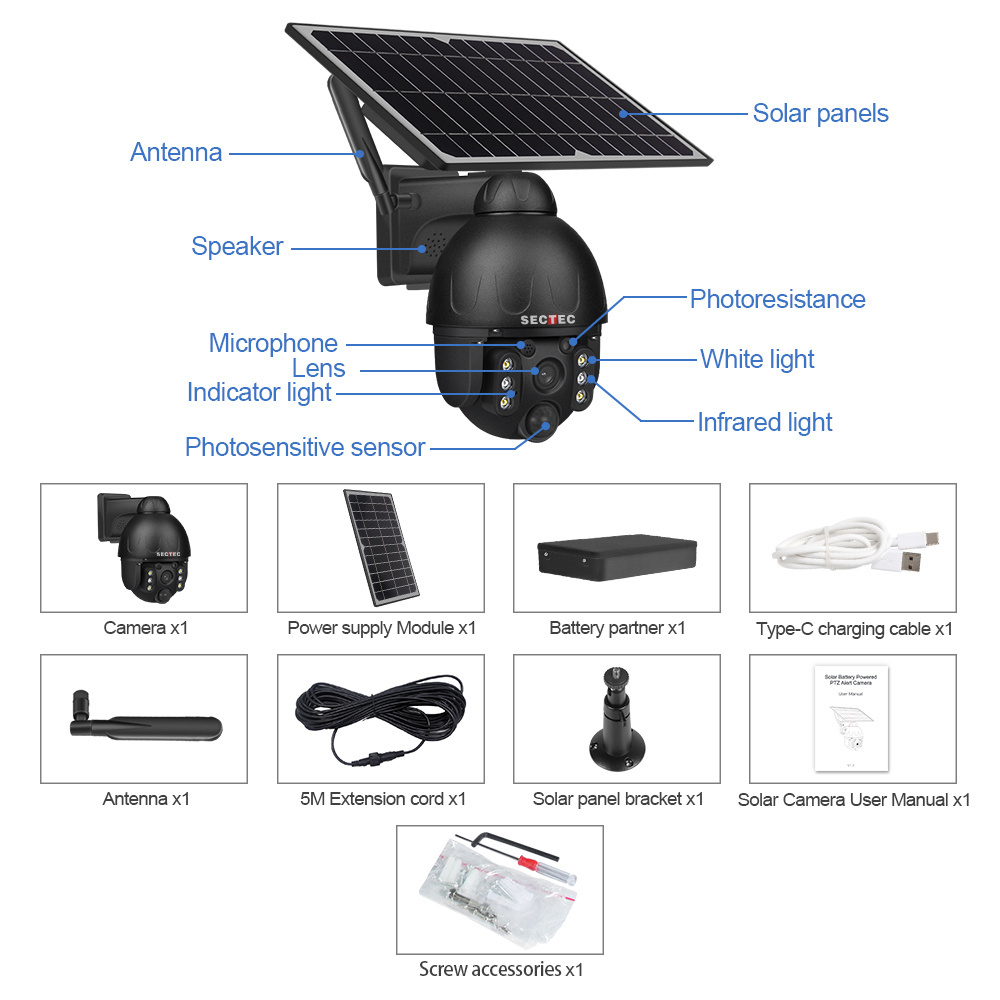 SECTEC GSM 4G SIM Card 3MP 4MP  IP Camera WIFI Solar Panel Battery Security Camera Waterproof Outdoor PTZ CCTV Camera