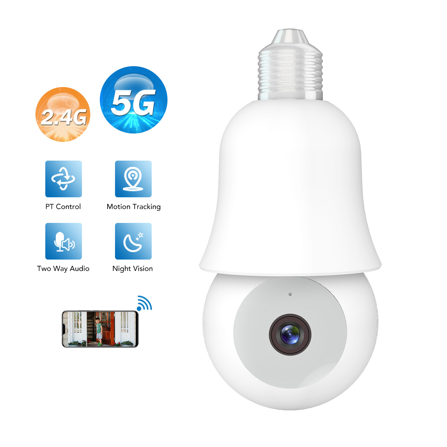 5GHZ 2.4G 360 panoramic smart wifi ip surveil mini surveillance home security wireless light bulb PTZ camera with night vison