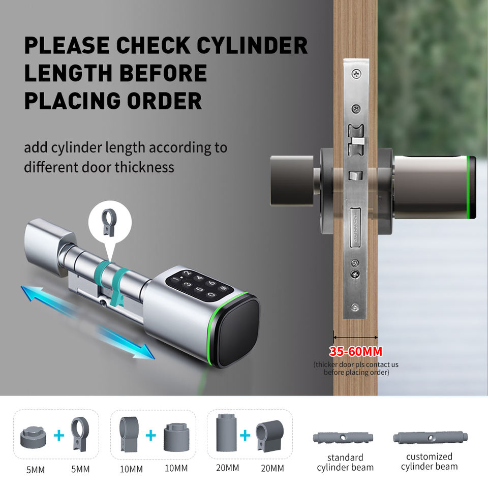 Euro Standard Smart Cylinder with TTlock Tuya Bluetooth Adjustable Cylinder Size Electronic Password Card Key Smart Lock