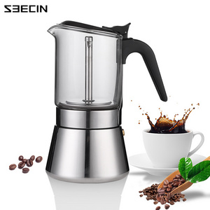 OEM ODM Food Grade Whosale Silver High Borosilicate Glass Bpa Free Moka Coffee Pot Stainless Steel Makers