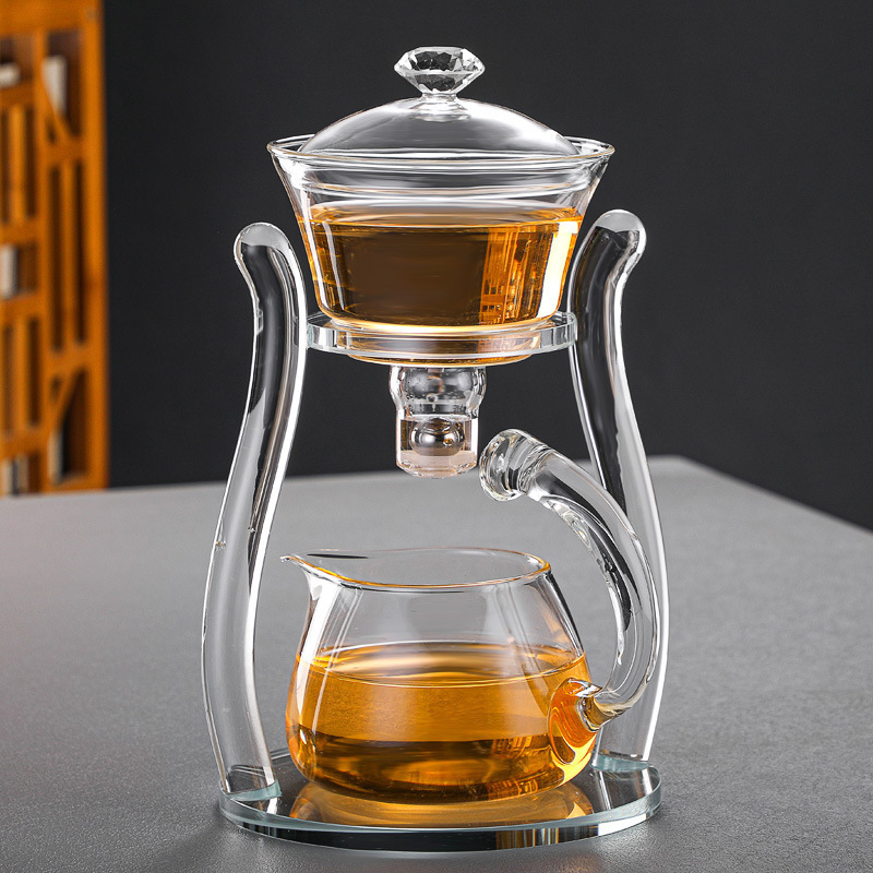 Kungfu Glass Tea Set Magnetic Tea Infuser Rotating Cover Bowl Semi-Automatic Glass Teapot Set