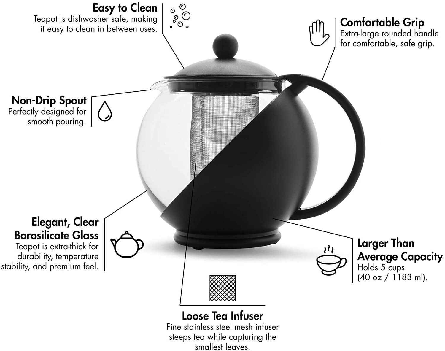 Half Moon Teapot with Removable Infuser, Borosilicate Glass Tea Maker, Stainless Steel Filter, Dishwasher Safe, 40-Ounce, Black