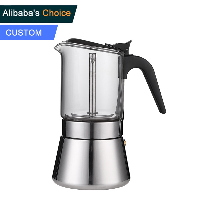 Espresso Moka Pot Coffee Maker New 6 Cups Design Eco Friendly 240ml Transparent Customize Body Metal OEM Moka Pot