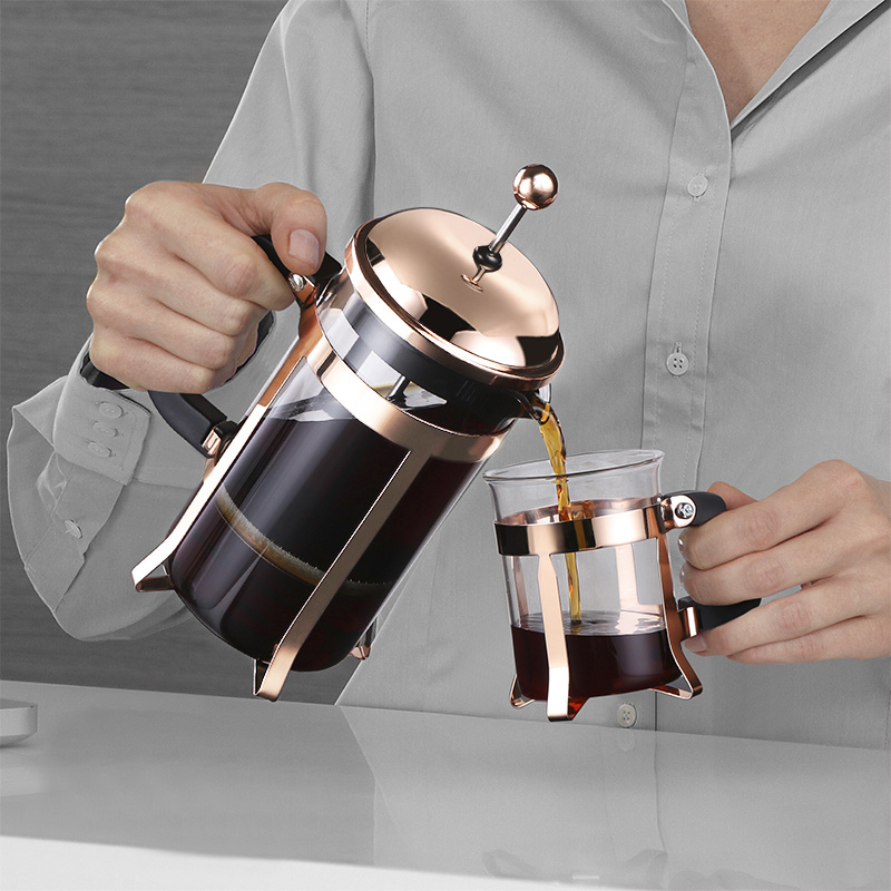 High Quality Classic Borosilicate Glass 350 ML Hot French Coffee Press Stainless Steel Rose Gold  French Press