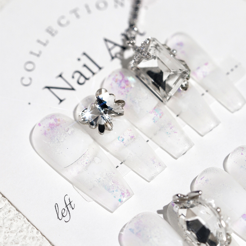 Luxury Designed Hand-made Press On Nails Medium Coffin Big Diamond Butterfly Chain Nails Manicure Acrylic Stick On Nails