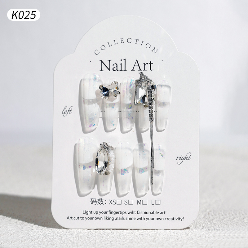 Luxury Designed Hand-made Press On Nails Medium Coffin Big Diamond Butterfly Chain Nails Manicure Acrylic Stick On Nails