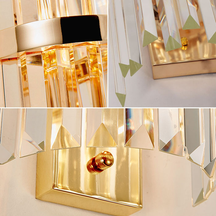 Modern hotel golden plated stainless steel crystal glass wall lamp antique brass wall light