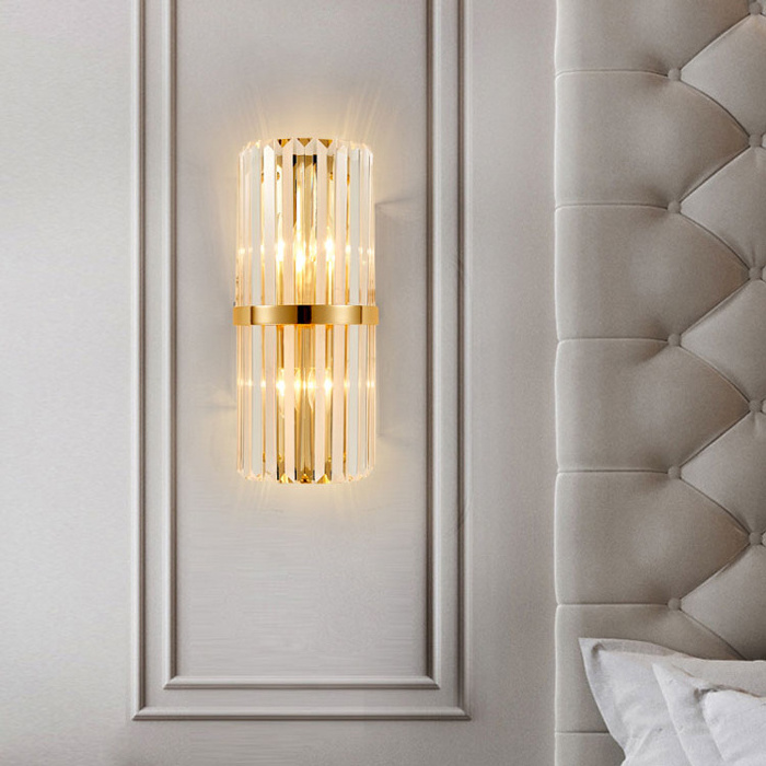 Modern hotel golden plated stainless steel crystal glass wall lamp antique brass wall light