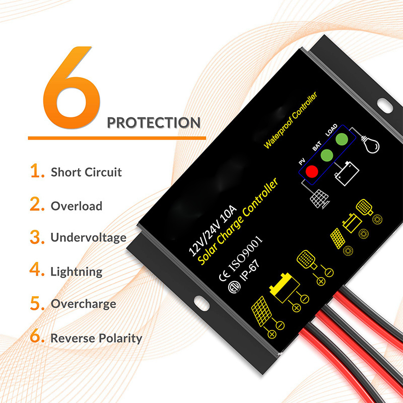 10A Solar Charge Controller Waterproof Solar Panel Controller 12V/24V PWM Solar Panel Battery for RV Boat car