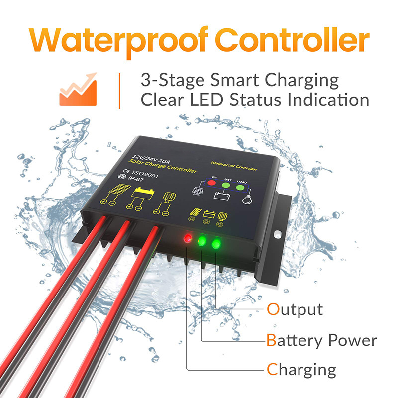 10A Solar Charge Controller Waterproof Solar Panel Controller 12V/24V PWM Solar Panel Battery for RV Boat car