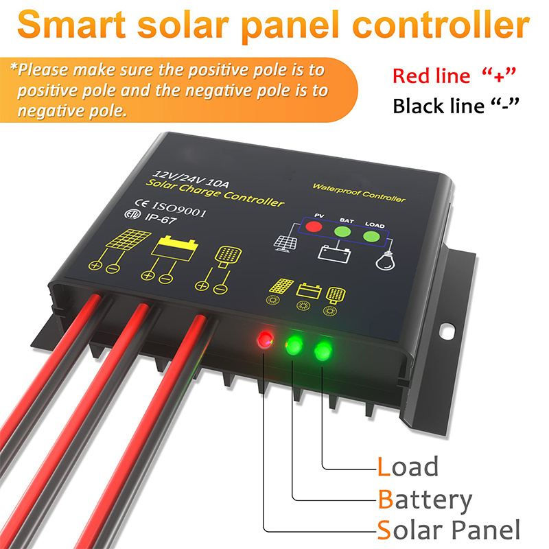 10A Solar Charge Controller Waterproof Solar Panel Controller 12V/24V PWM Solar Panel Battery for RV Boat car