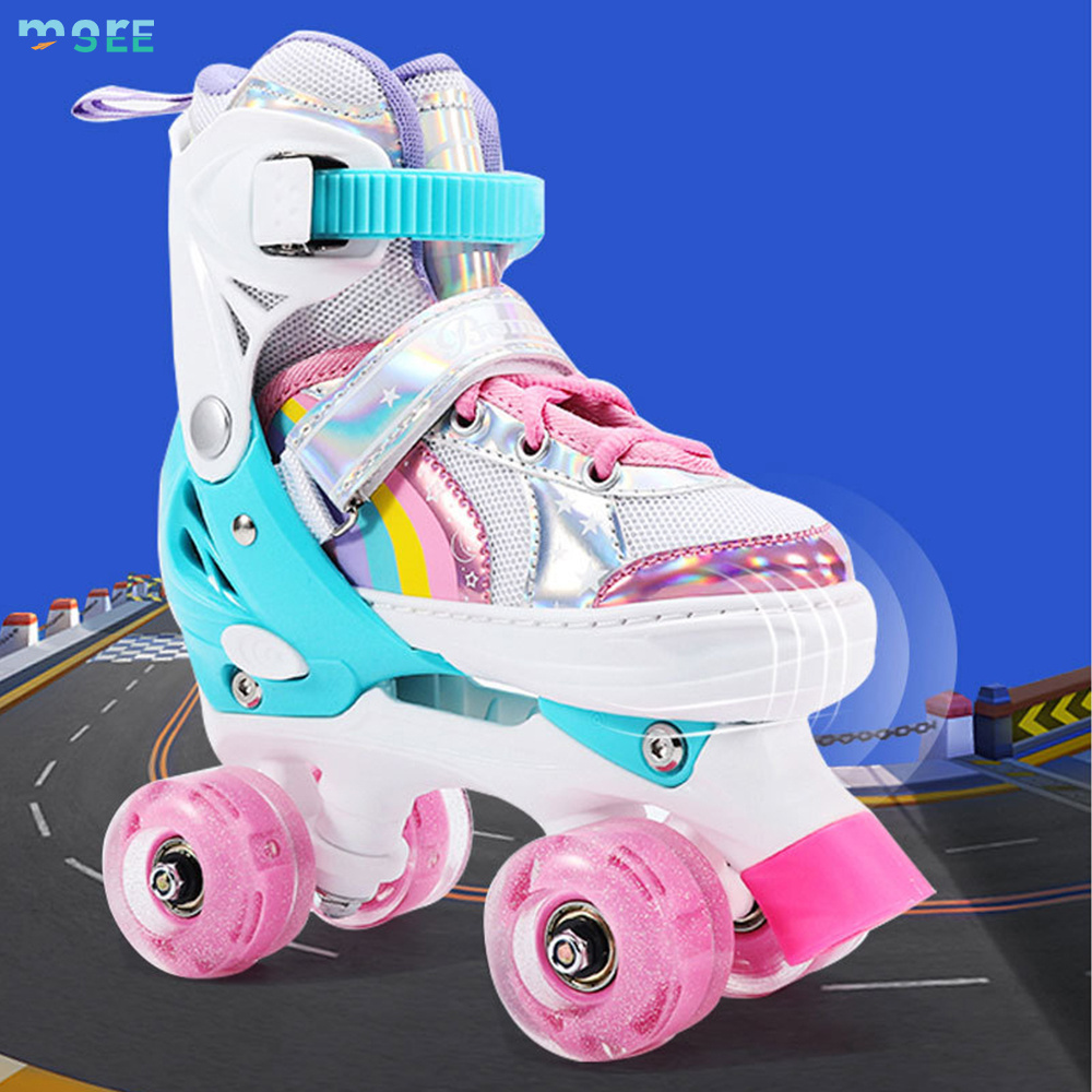 SeeMore Rainbow Roller Skates Shoes 4 Wheels Outdoor Indoor Adjustable Quad Skates with All Light Up Wheels for Kids Girls Kids